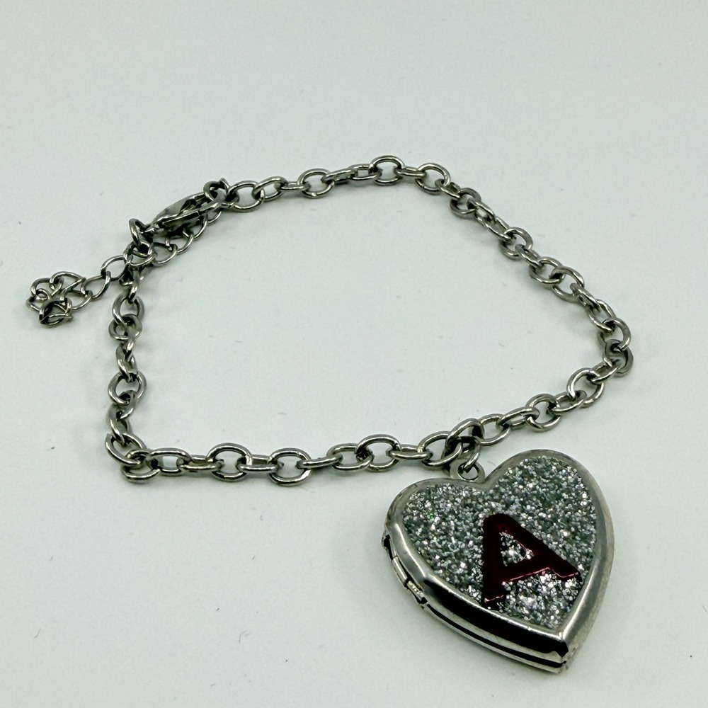 VTG Silver Tone Glitter Heart Locket Bracelet Initial A Charm Red Letter 6.5"